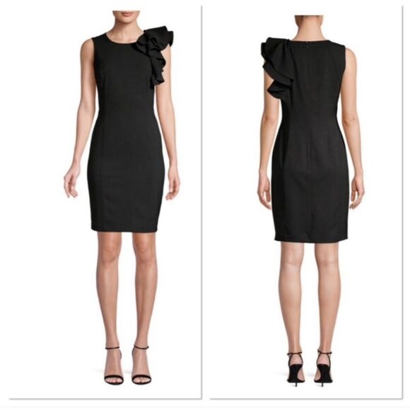 Calvin Klein Ruffle Flutter Sleeve Sheath Dress Black Back Zip Cocktail LBD Sz 4 - Picture 3 of 16